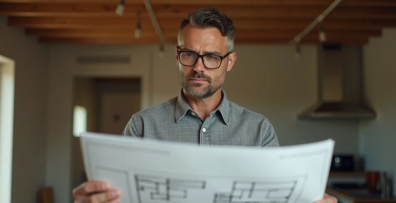 Portrait réaliste d’un investisseur immobilier examinant les plans d’un bien à Roses, ambiance professionnelle avec lumière naturelle douce