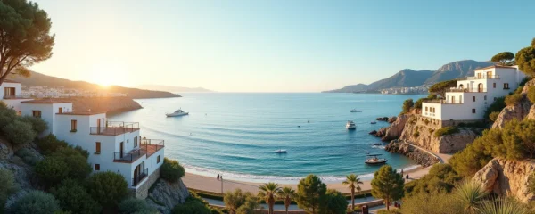 Vue panoramique réaliste de Roses sur la Costa Brava avec des propriétés en bord de mer, mer méditerranée en arrière-plan, lumière dorée de fin d'après-midi, ambiance naturelle sans texte ni logo