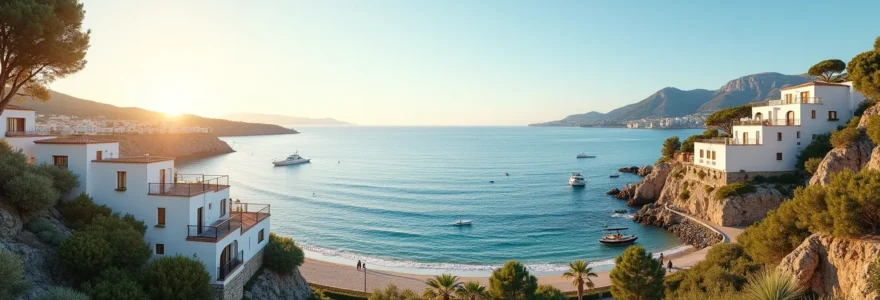 Vue panoramique réaliste de Roses sur la Costa Brava avec des propriétés en bord de mer, mer méditerranée en arrière-plan, lumière dorée de fin d'après-midi, ambiance naturelle sans texte ni logo