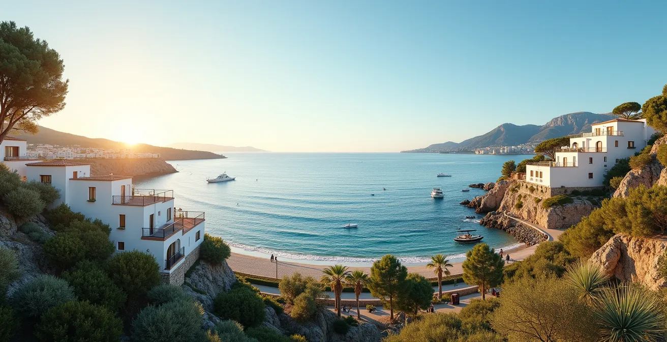 Vue panoramique réaliste de Roses sur la Costa Brava avec des propriétés en bord de mer, mer méditerranée en arrière-plan, lumière dorée de fin d'après-midi, ambiance naturelle sans texte ni logo