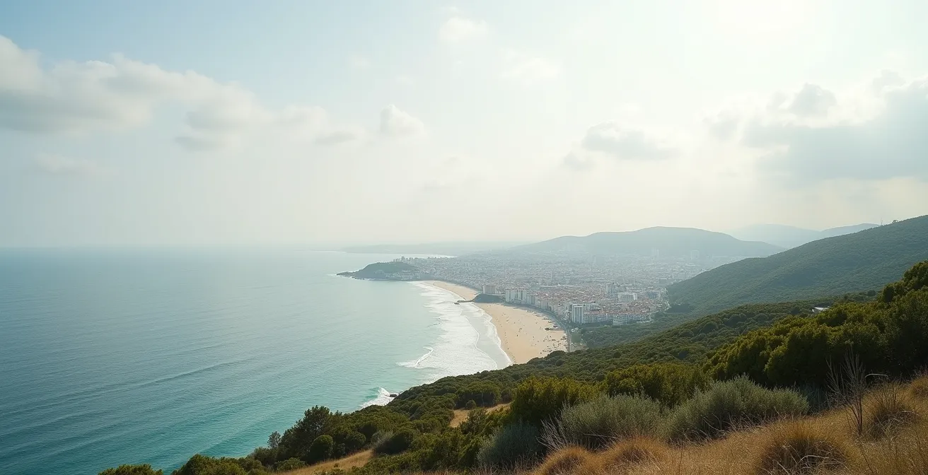 Vue large minimaliste sur paysage naturel et urbain à Roses avec un fort espace négatif et lumière naturelle douce