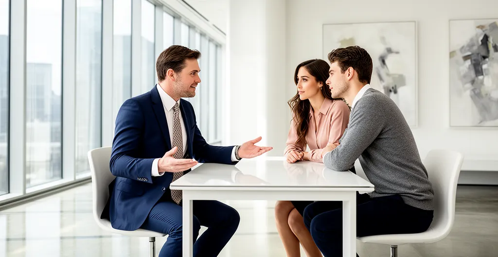 Conseiller bancaire en discussion avec un jeune couple dans un bureau lumineux