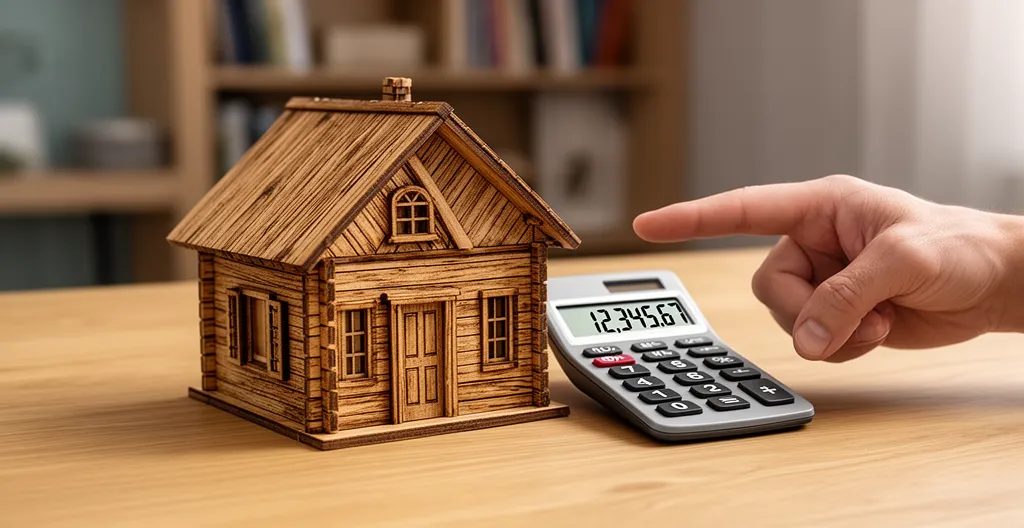 Maquette de maison en bois sur une table avec calculatrice
