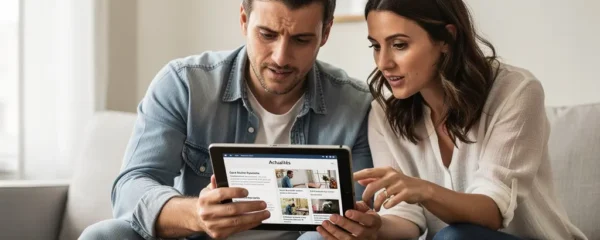 Couple français consultant simulation crédit immobilier sur tablette dans salon lumineux