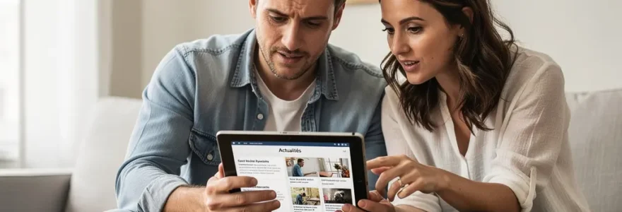 Couple français consultant simulation crédit immobilier sur tablette dans salon lumineux