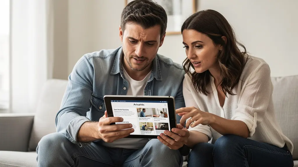 Couple français consultant simulation crédit immobilier sur tablette dans salon lumineux