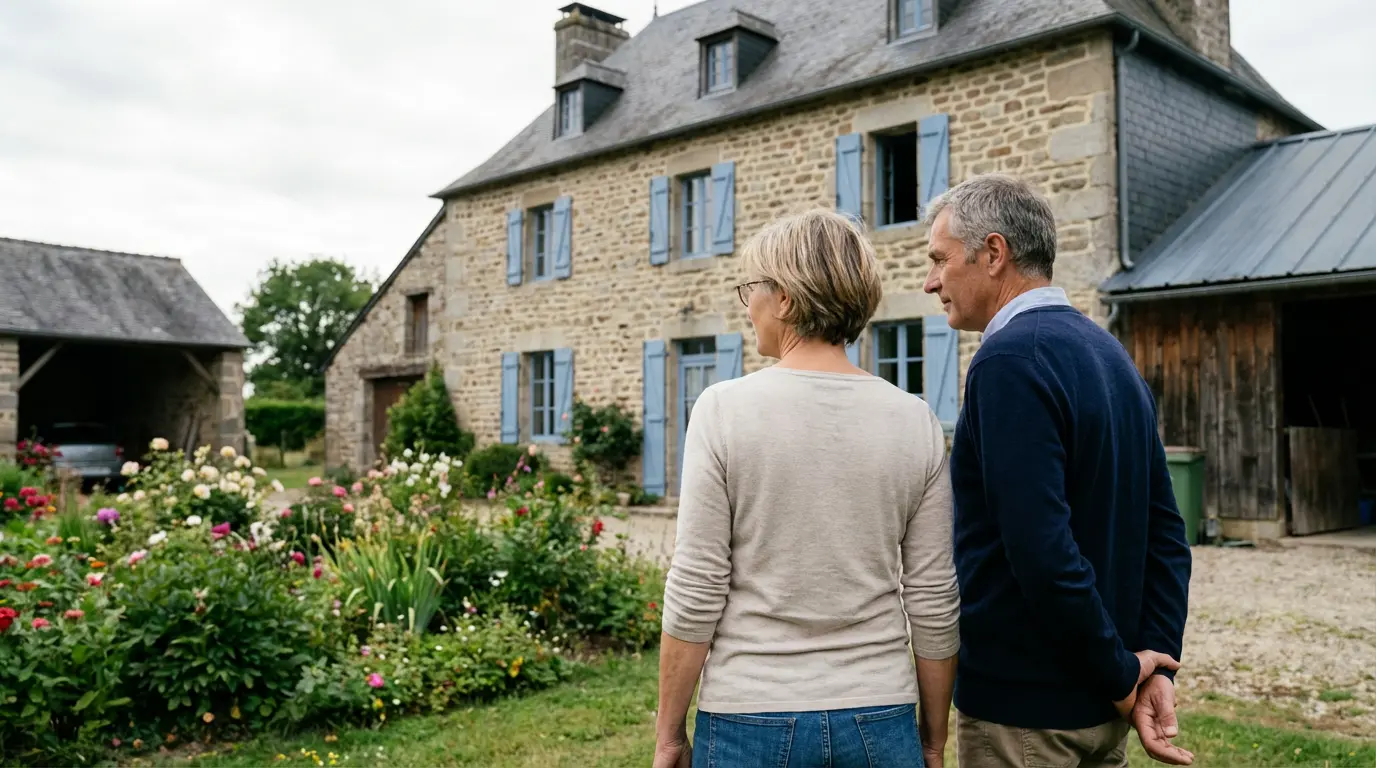 Couple européen observant une maison en pierres avec volets colorés en Corrèze