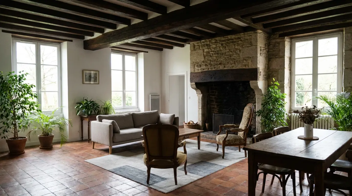 Salon lumineux d'une maison corrézienne rénovée avec poutres apparentes et cheminée