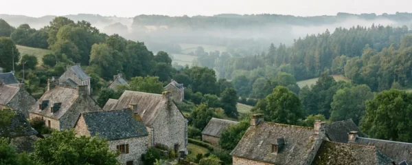 Village corrézien typique avec maisons en pierres et collines verdoyantes au lever du jour
