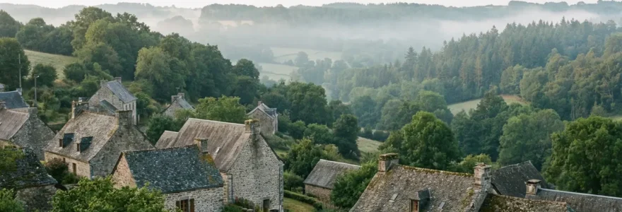 Village corrézien typique avec maisons en pierres et collines verdoyantes au lever du jour
