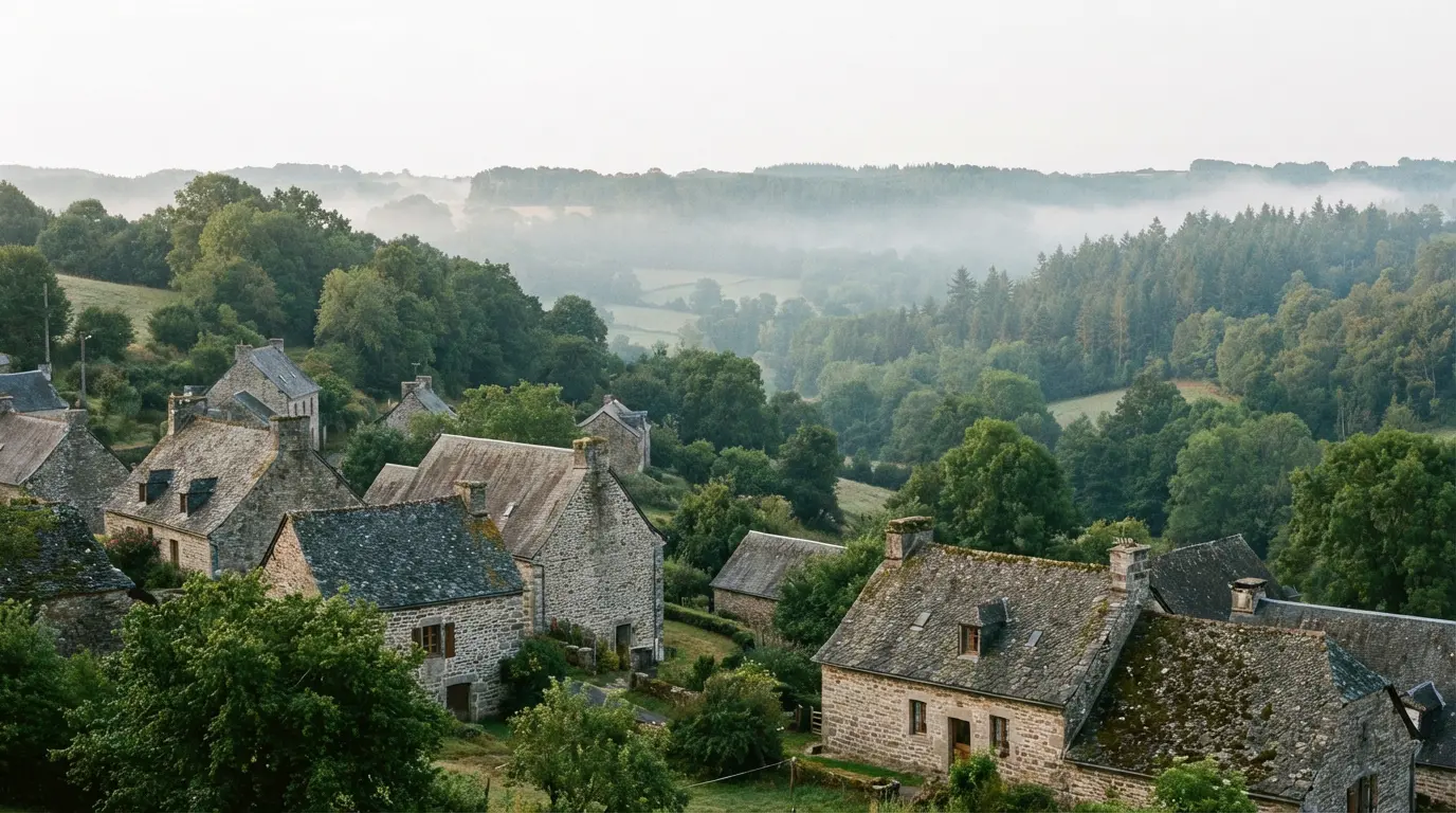 Village corrézien typique avec maisons en pierres et collines verdoyantes au lever du jour