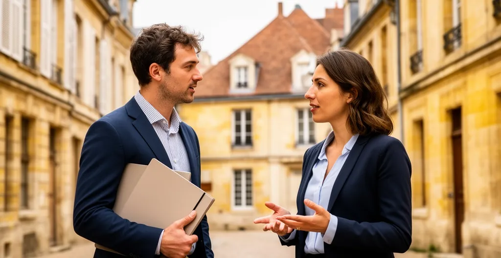 Discussion avec un agent immobilier dans une rue de Dijon
