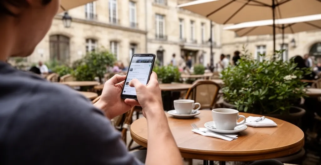 Recherche d'annonces immobilières sur smartphone dans un café dijonnais