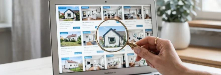 Une main tenant une loupe au-dessus d'un écran d'ordinateur affichant des annonces immobilières, une seule annonce est nette.