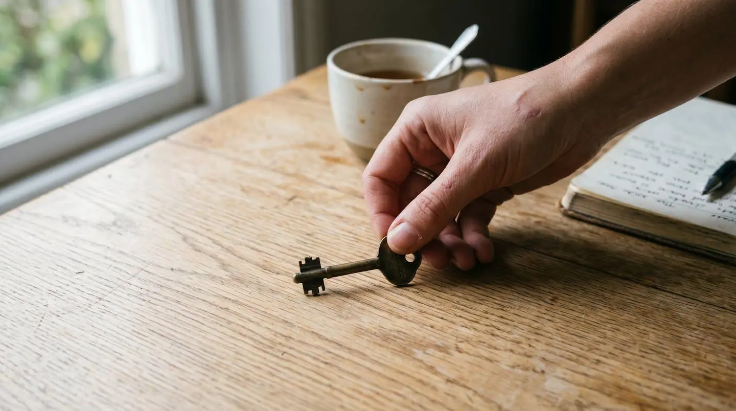 Une main dépose une clé en laiton sur une table en bois clair.