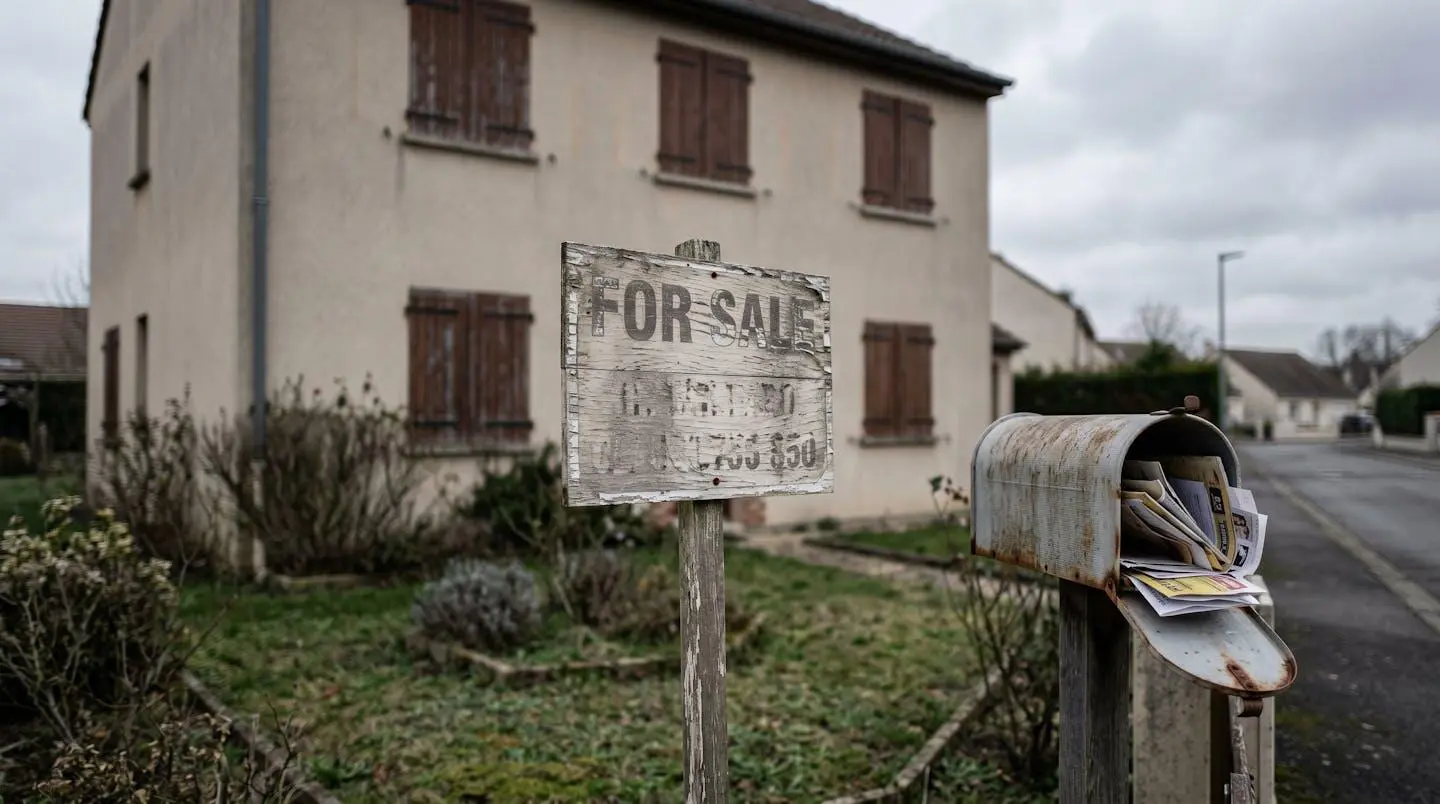 Un panneau 'À vendre' abîmé devant une maison fermée, évoquant un marché locatif atone.
