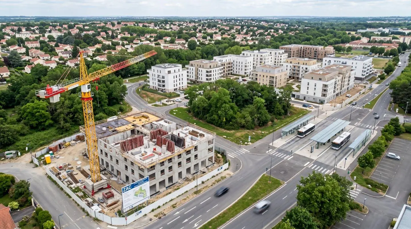 Vue aérienne d'un quartier périurbain en construction avec grues et panneaux de chantier, symbolisant le développement.