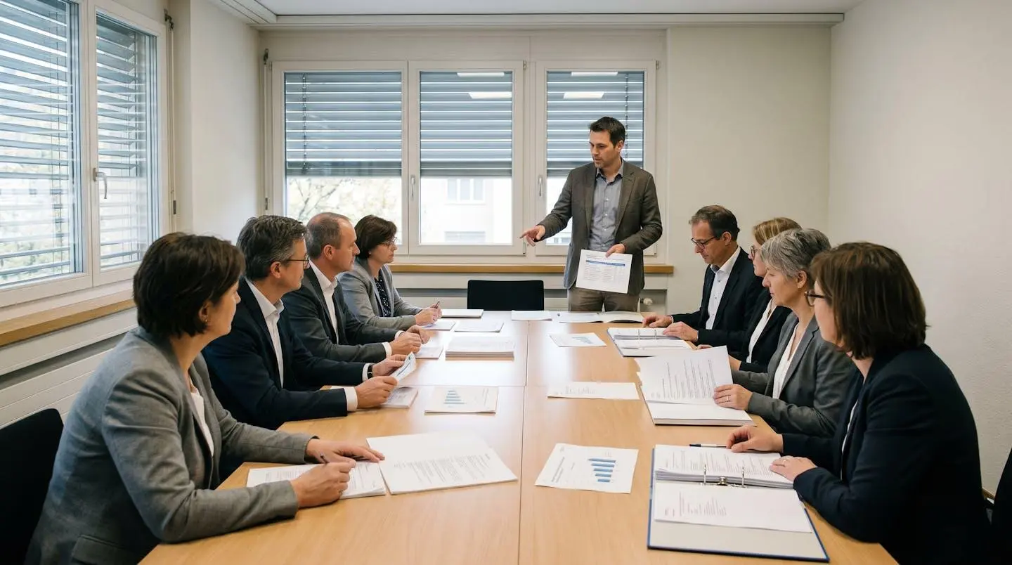 Assemblée générale de copropriétaires réunis autour d'une table avec documents, illustrant le processus de prise de décision collective