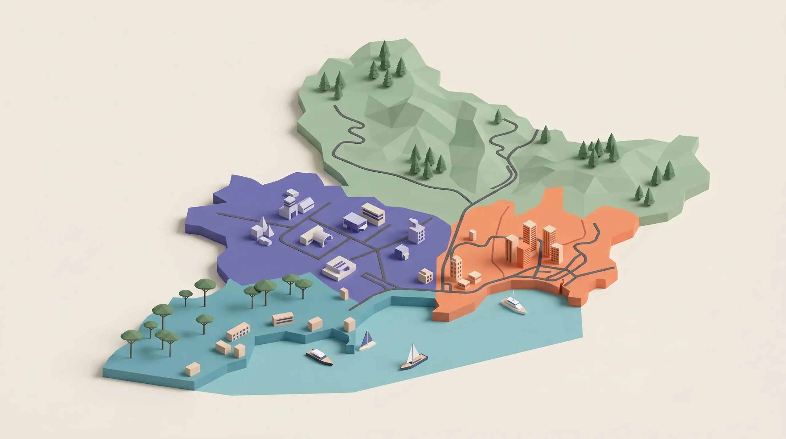 Carte 3D isométrique stylisée des Alpes-Maritimes avec quatre zones géographiques distinctes représentées par des couleurs et reliefs contrastés