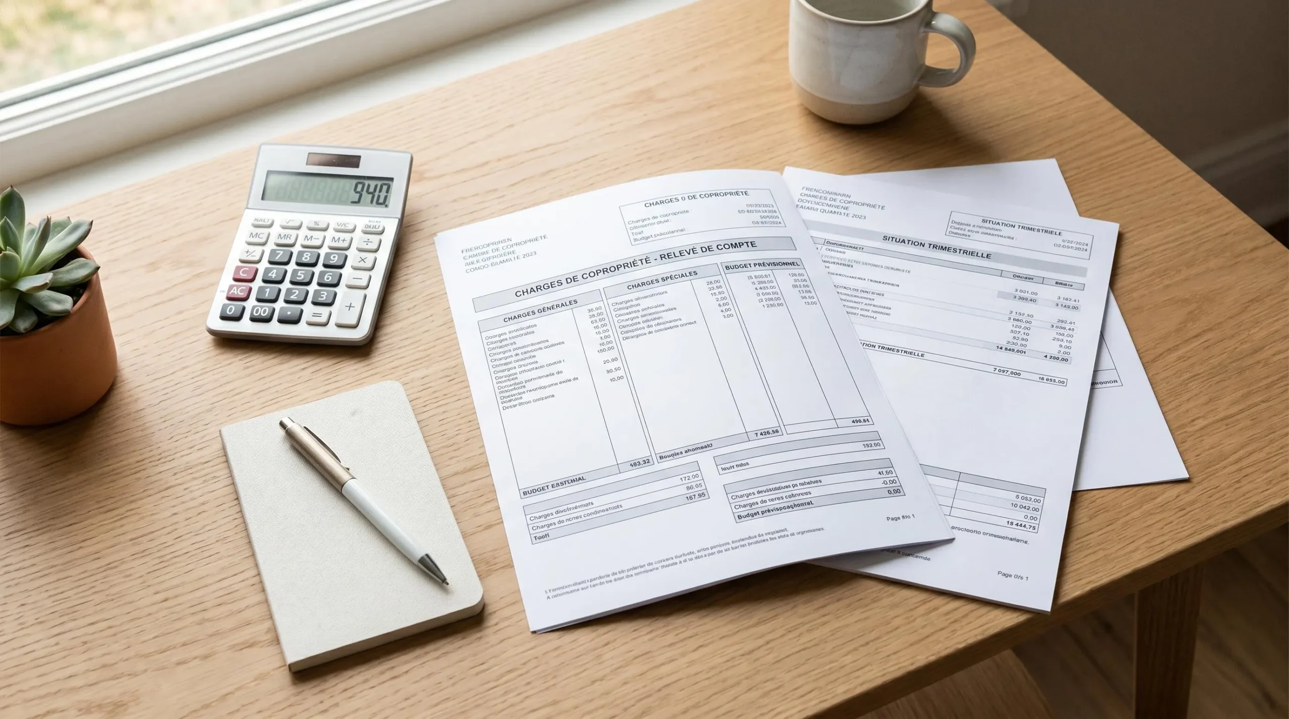Documents de charges de copropriété et relevé comptable sur une table, illustrant les obligations financières des copropriétaires