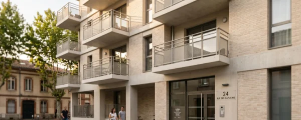 Façade d'un immeuble résidentiel contemporain avec balcons individuels et hall d'entrée commun, illustrant l'organisation d'une copropriété urbaine