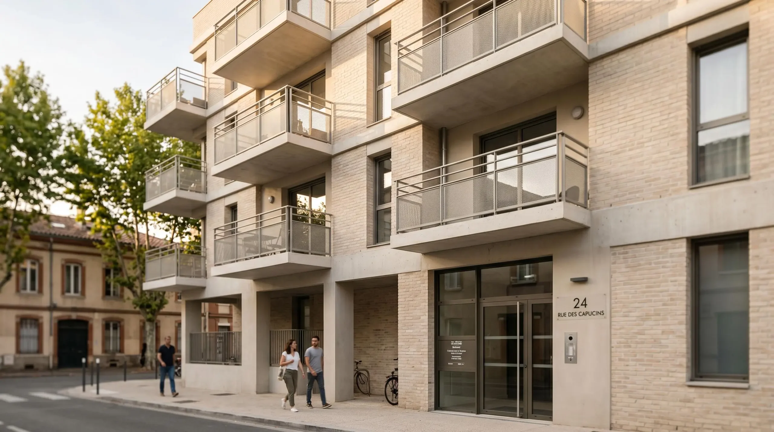 Façade d'un immeuble résidentiel contemporain avec balcons individuels et hall d'entrée commun, illustrant l'organisation d'une copropriété urbaine