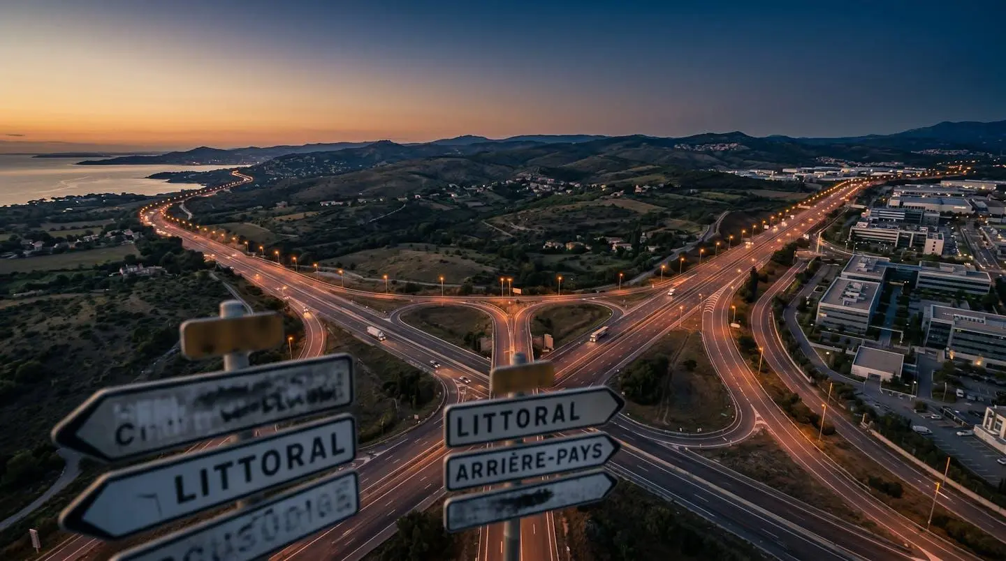 Vue aérienne d'un carrefour routier au crépuscule avec trois routes partant dans des directions différentes, lumières urbaines s'allumant progressivement à l'horizon