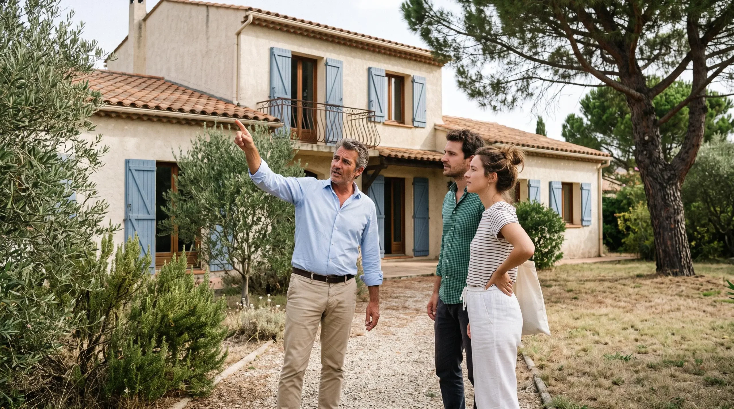 Un agent immobilier présente une villa méditerranéenne à deux acheteurs dans une rue résidentielle de l'Hérault.
